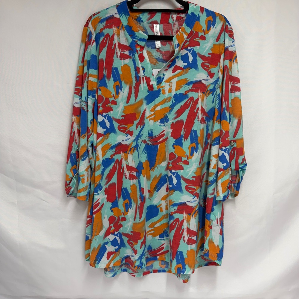 Dear Scarlett Abstract Brushstroke Split Neck Tunic Top 2X Boho Office Flowy